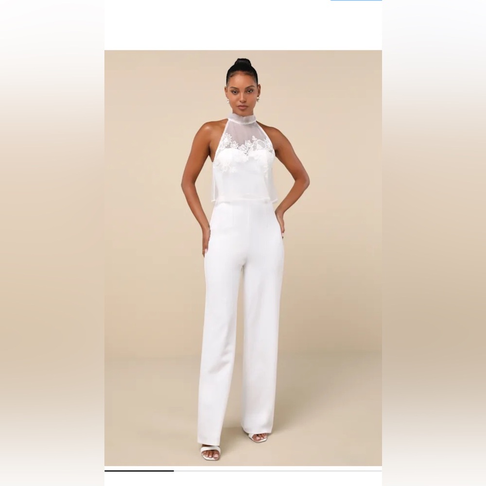 Halter Lace Bodice White Jumpsuit